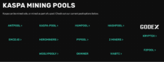 A dark interface titled "KASPA MINING POOLS" listing several provider links such as Humprool, Herominers, and F2Pool