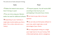A list of advantages and disadvantages for solo and pool mining, including details on hardware requirements, fees, and payout frequency