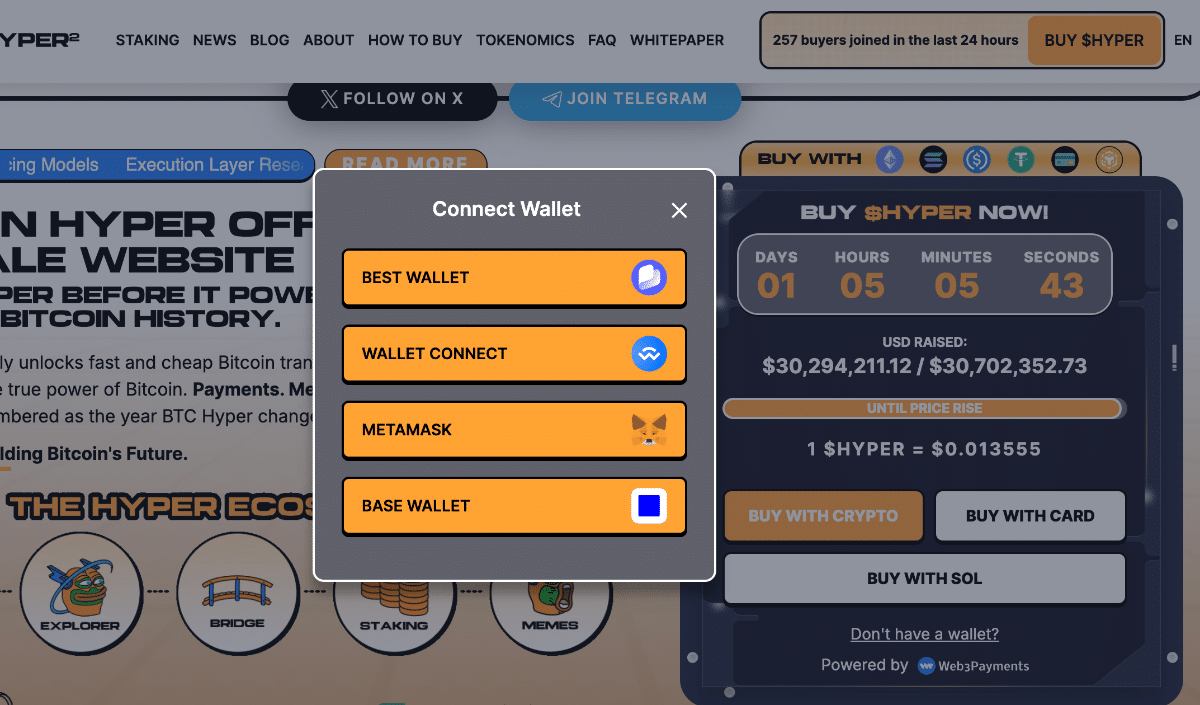 BTC Hyper connect wallet screen