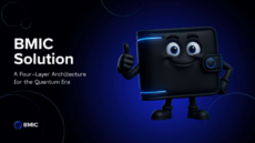 BMIC mascot, a cartoon wallet character giving a thumbs up, next to text reading "BMIC Solution: A Four-Layer Architecture for the Quantum Era"