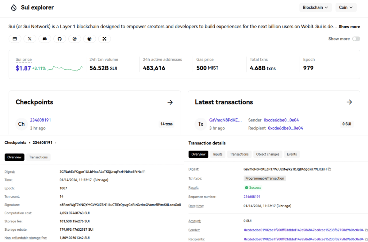 Sui explorer as of Jan. 14, 2026, at 5:36 p.m. UTC (2:36 p.m. BRT, local) | Source: OkLink