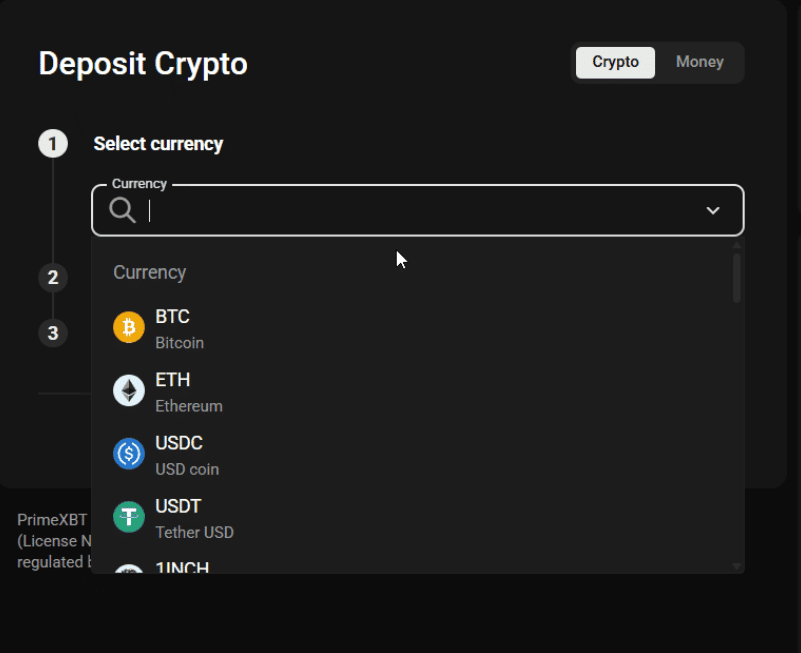 Deposit Crypto. Source: PrimeXBT