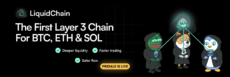 LiquidChain promotional banner showing the project logo and mascot characters