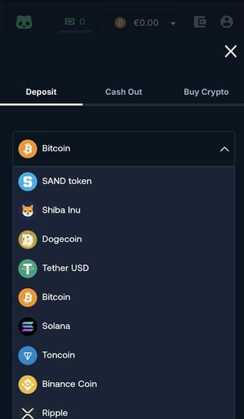 Cashier section showing deposit, withdrawal, and supported cryptocurrencies at BetPanda, crypto casino with instant withdrawal