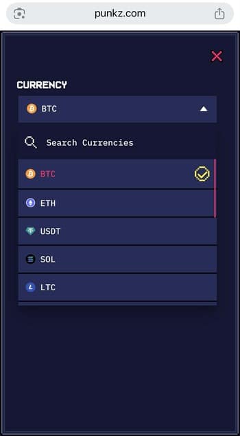 Wallet showing multiple cryptocurrencies available for withdrawal at Punkz, Bitcoin casino with fast payouts