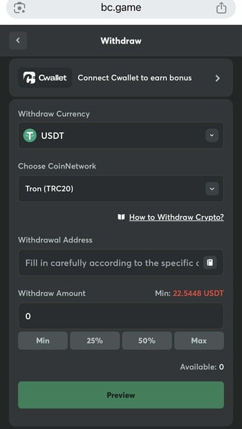 Withdrawal confirmation screen showing transfer finalization at BC.Game, a Bitcoin instant withdrawal casino