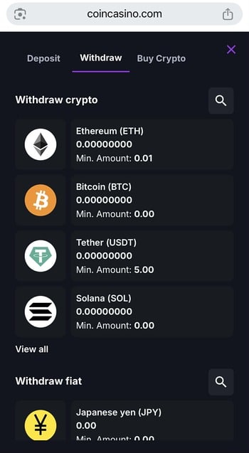 Wallet showing multiple cryptocurrencies available for withdrawal at CoinCasino, Bitcoin casino with fast payouts