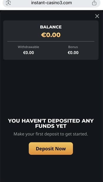 Balance showing withdrawable funds and bonuses at Instant Casino, an instant Bitcoin withdrawal casino