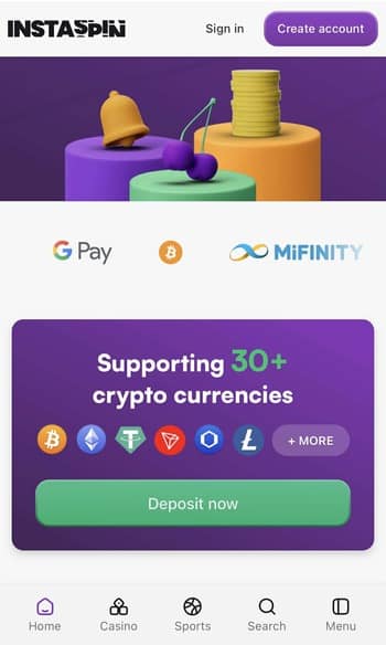 A crypto deposit option, showing over 30 supported cryptocurrencies at Instaspin, a fast payout Bitcoin casino
