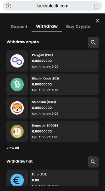 A withdrawal section displaying multiple crypto choices at Lucky Block, an online Bitcoin casino with instant withdrawal