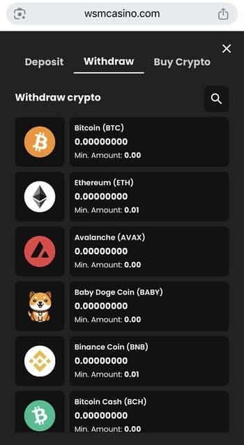 Withdrawal section showing multiple cryptocurrencies available for withdrawal at WSM Casino, a Bitcoin casino with fast payouts