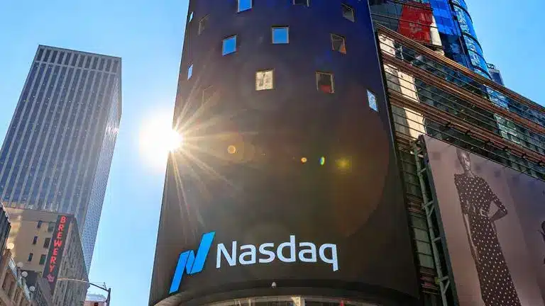 Nasdaq MarketSite tower in New York City with bright sunlight.